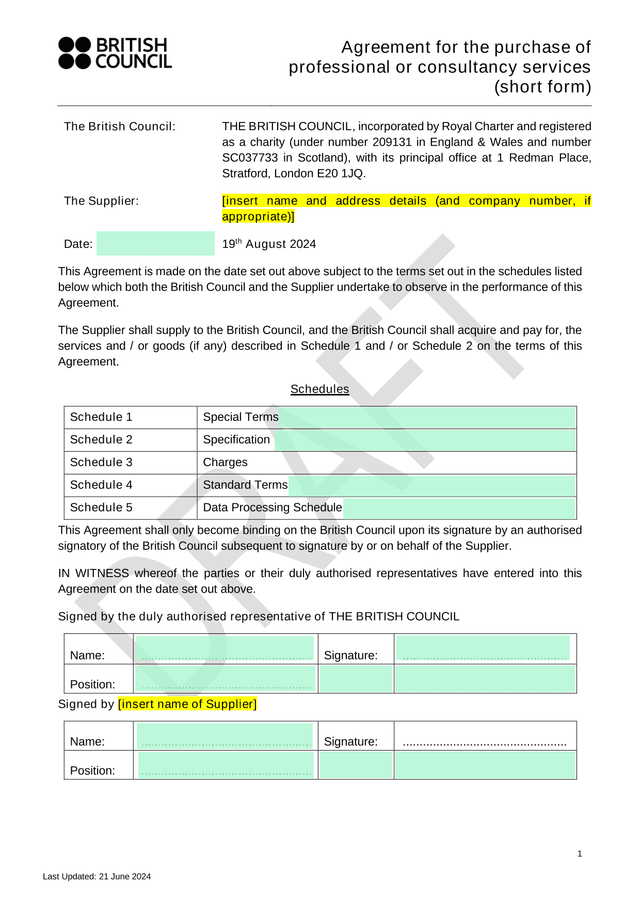 Agreement For The Purchase Of Professional Or Consultancy Services (Short Form) screenshot