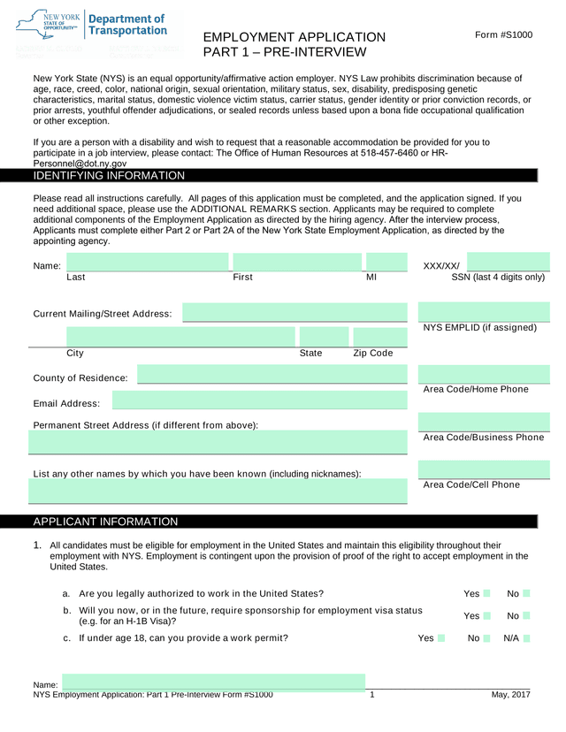 EMPLOYMENT APPLICATION PART 1  PRE INTERVIEW screenshot