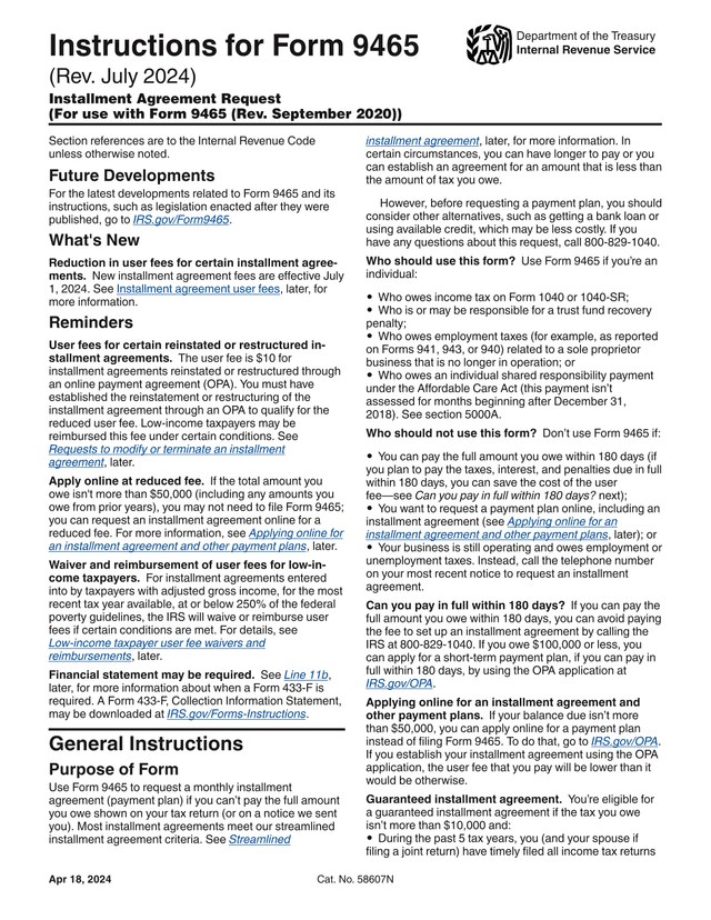 Form 9465 Instructions screenshot