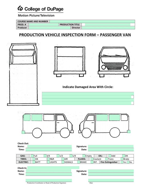 PRODUCTION VEHICLE INSPECTION FORM  PASSENGER VAN screenshot