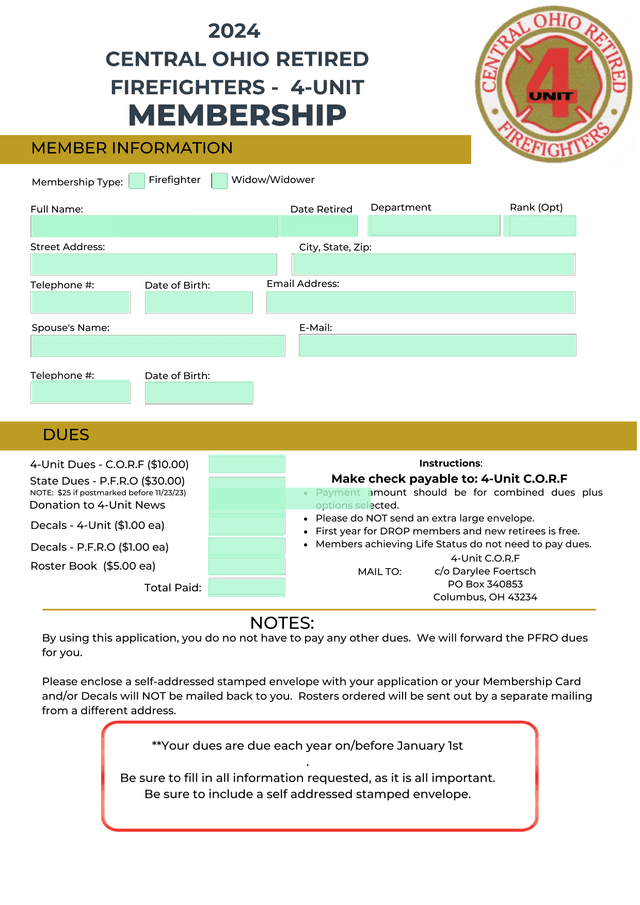 Central Ohio Retired Firefighters   4 Unit Membership Application screenshot