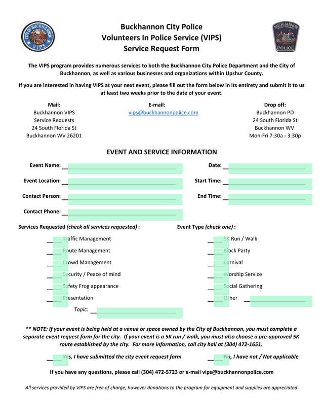 Buckhannon City Police Volunteers In Police Service (VIPS) Service Request Form screenshot