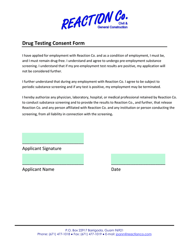 Drug Testing Consent Form screenshot