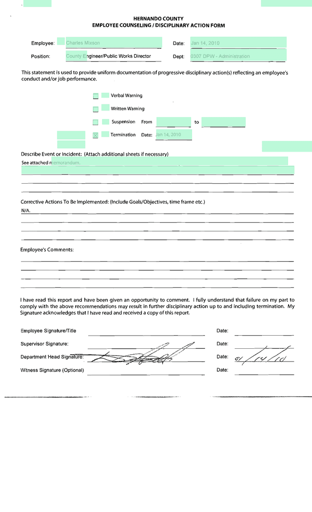 Employee Counseling 1 Disciplinary Action Form screenshot