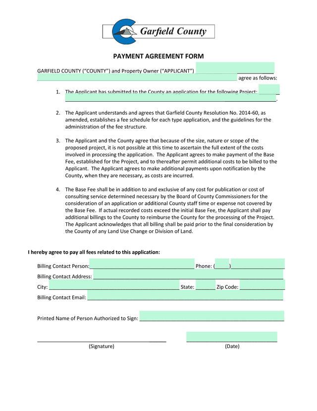 PAYMENT AGREEMENT FORM screenshot