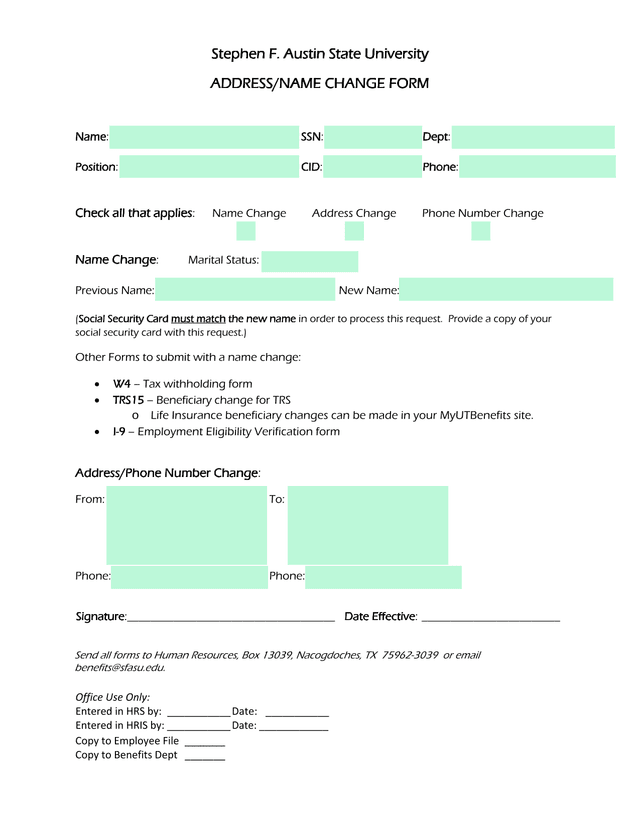 Stephen F. Austin State University ADDRESSNAME CHANGE FORM screenshot
