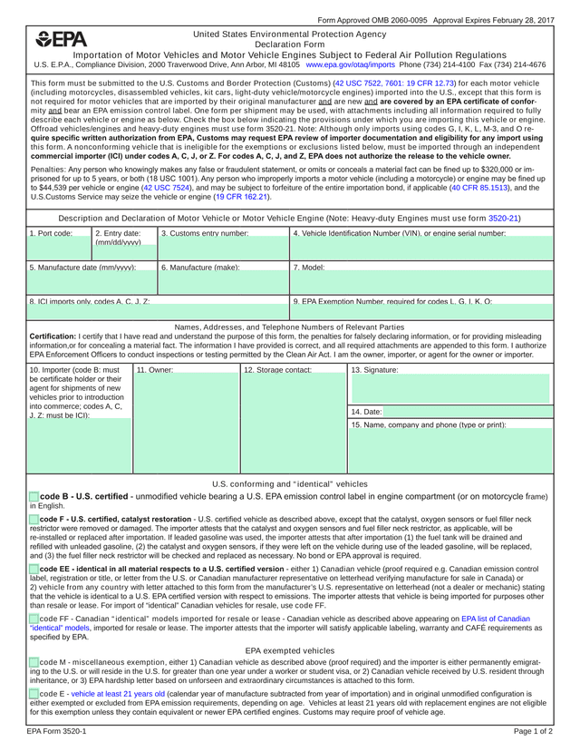 Declaration Form Importation Of Motor Vehicles And Motor Vehicle Engines Subject To Federal Air Poll screenshot