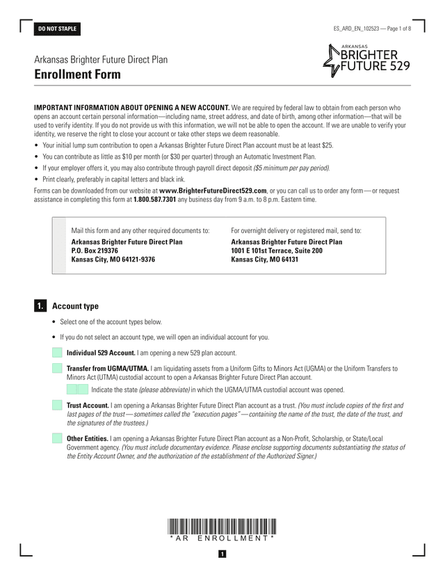 Arkansas Brighter Future Direct Plan Enrollment Form screenshot