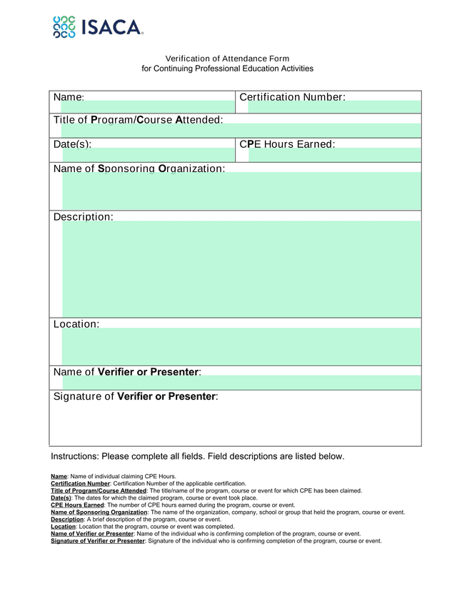 Verification Of Attendance Form For Continuing Professional Education Activities screenshot