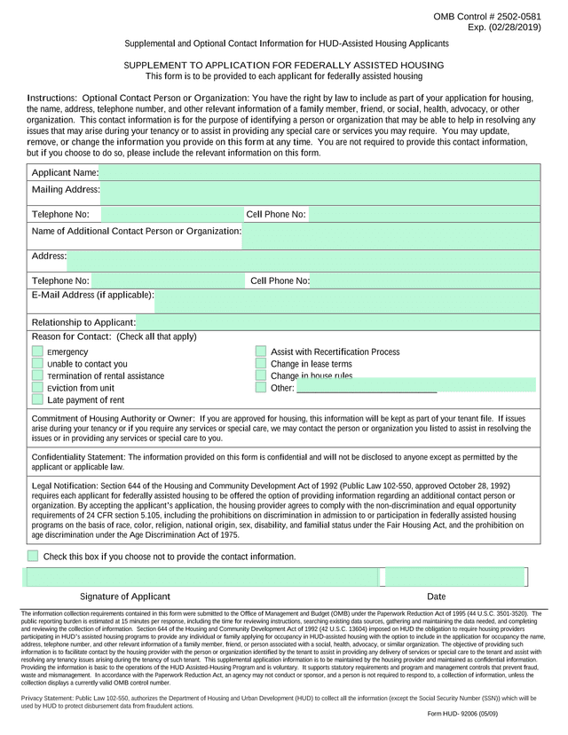 Supplemental And Optional Contact Information For HUD Assisted Housing Applicants screenshot