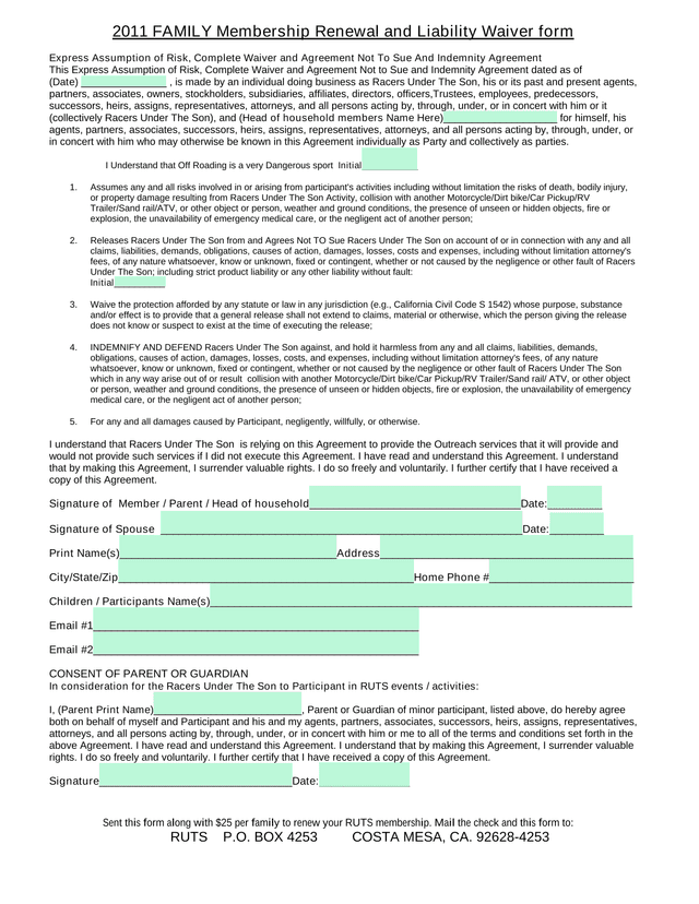 2011 FAMILY Membership Renewal And Liability Waiver Form screenshot
