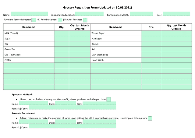 Grocery Requisition Form screenshot