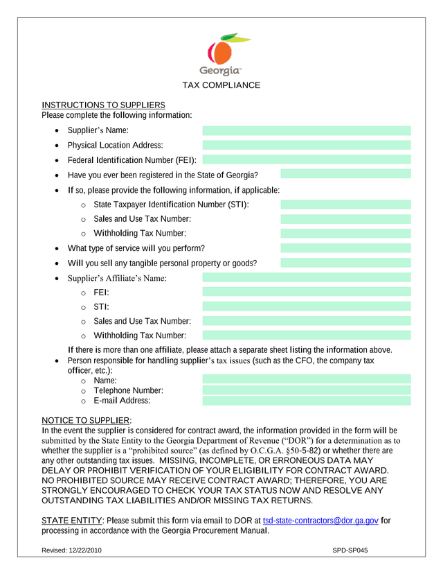 TAX COMPLIANCE INSTRUCTIONS TO SUPPLIERS screenshot