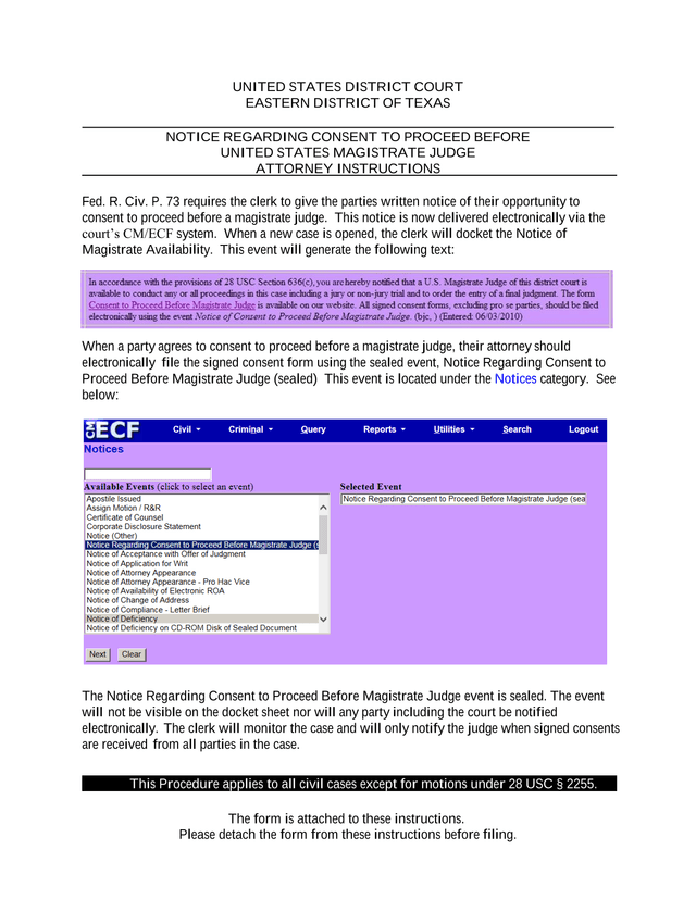 Consent To Proceed Before United States Magistrate Judge screenshot