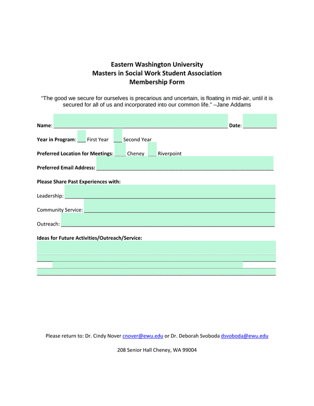 Eastern Washington University Masters In Social Work Student Association Membership Form screenshot