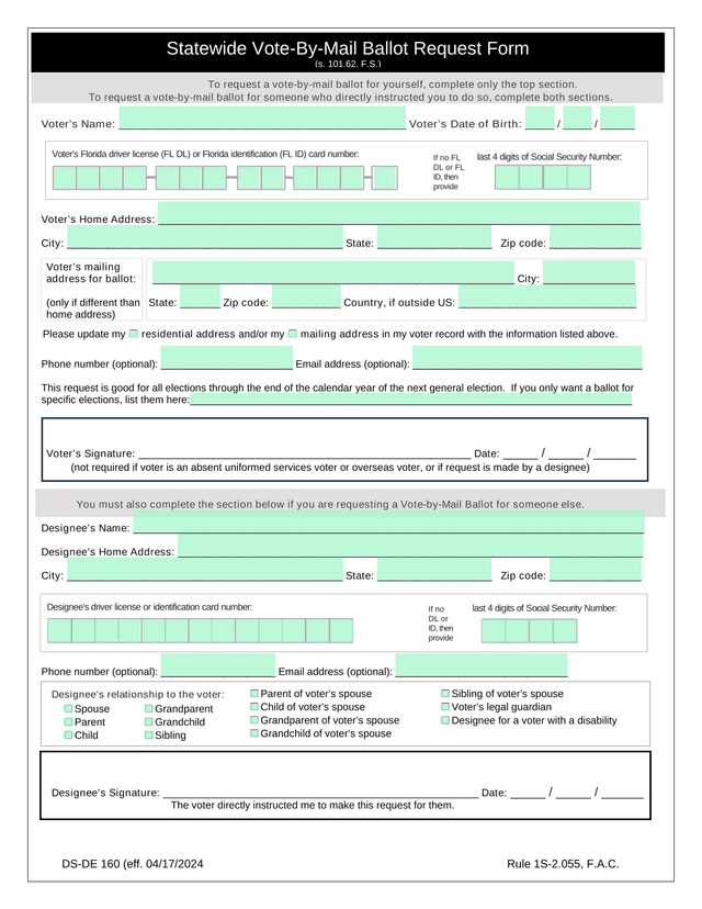 Statewide Vote By Mail Ballot Request Form screenshot