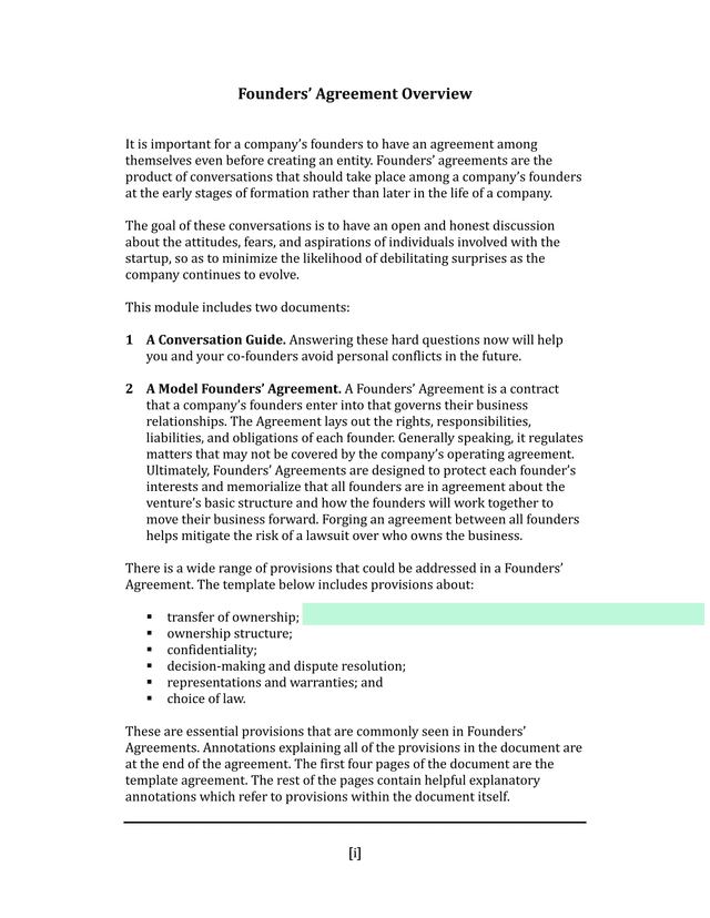 Founders Agreement Overview screenshot