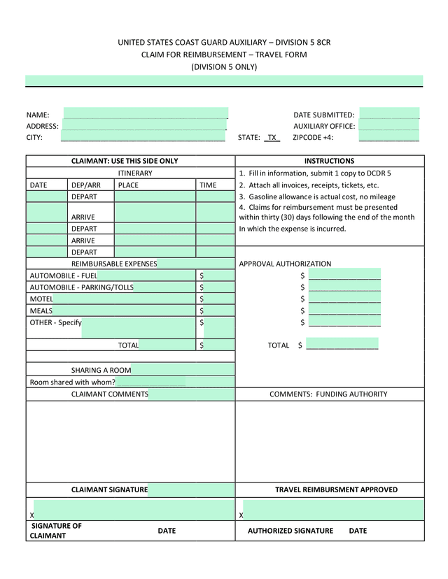 CLAIM FOR REIMBURSEMENT  TRAVEL FORM screenshot