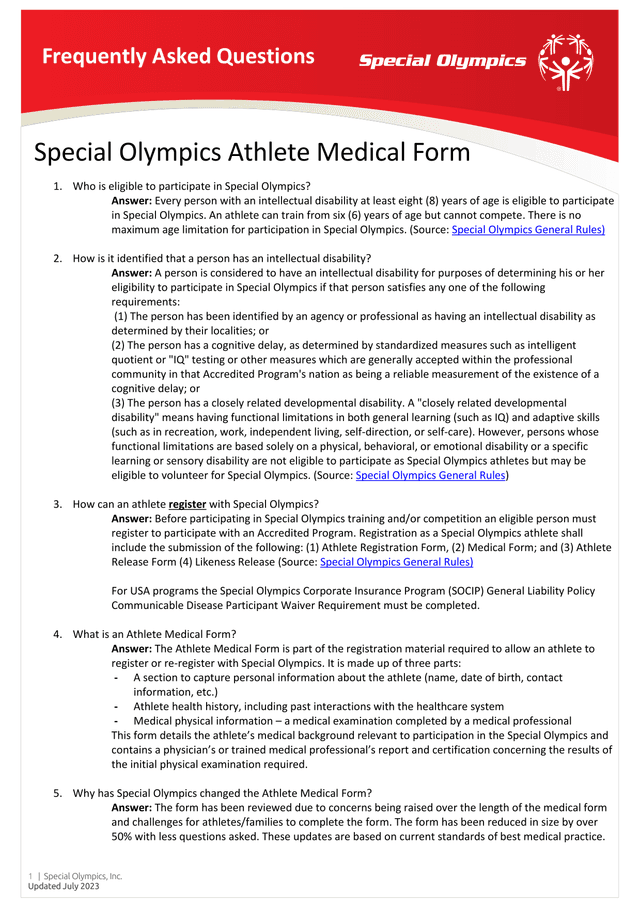 Special Olympics Athlete Medical Form screenshot