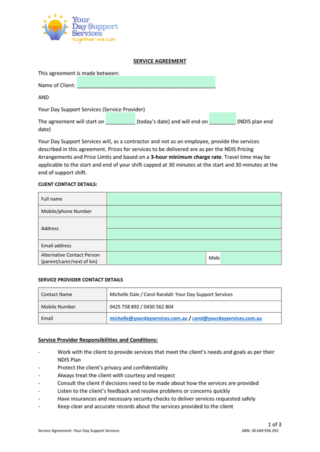 Service Agreement screenshot