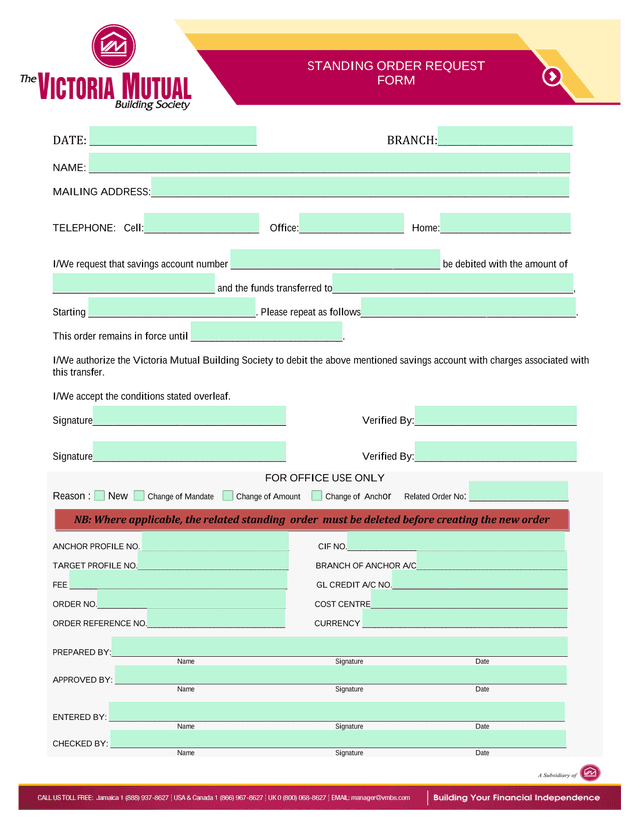 STANDING ORDER REQUEST FORM screenshot