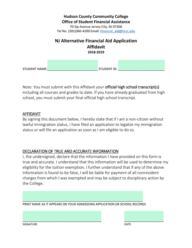 NJ Alternative Financial Aid Application Affidavit screenshot