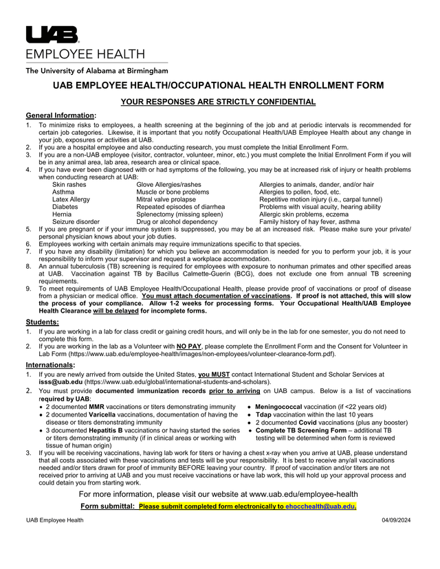 UAB Employee HealthOccupational Health Enrollment Form screenshot