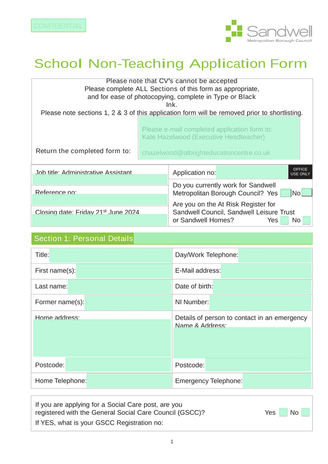 School Non Teaching Application Form screenshot