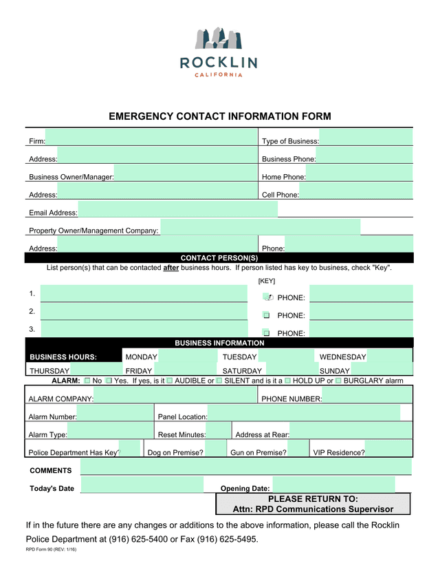 Emergency Contact Information Form screenshot
