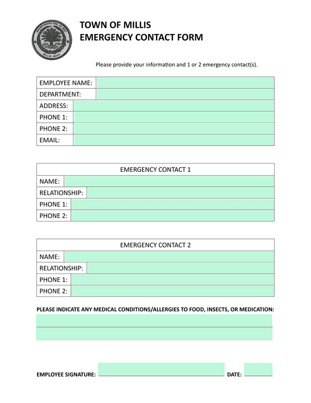 TOWN OF MILLIS EMERGENCY CONTACT FORM screenshot