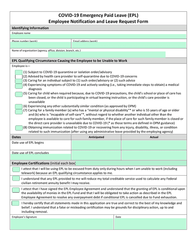 COVID 19 Emergency Paid Leave (EPL) Employee Notification And Leave Request Form screenshot
