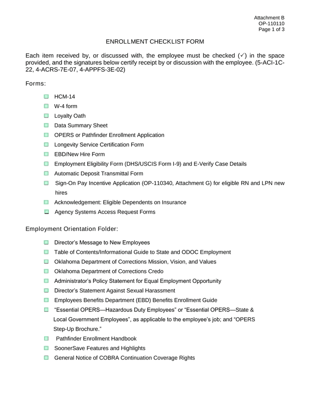 Enrollment Checklist Form screenshot