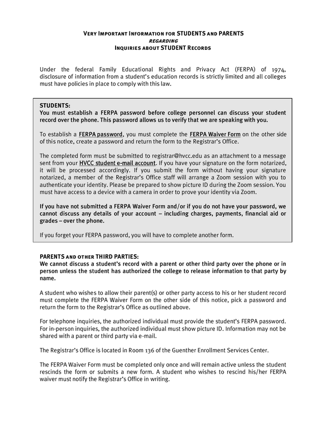 FERPA Waiver Form Notice screenshot