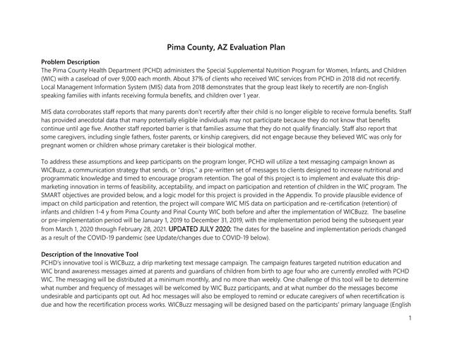 Pima County, AZ Evaluation Plan screenshot
