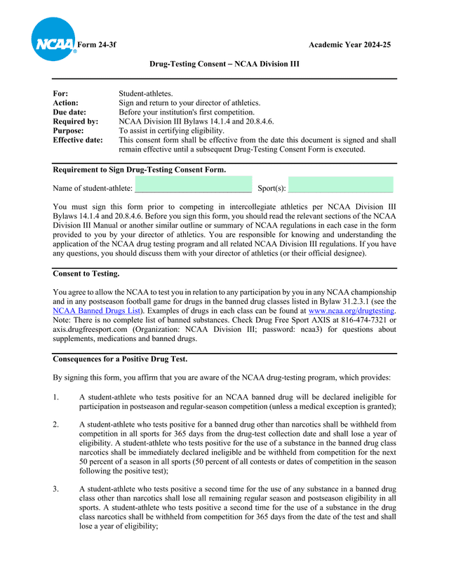 Form 24 3f Drug Testing Consent  NCAA Division III screenshot