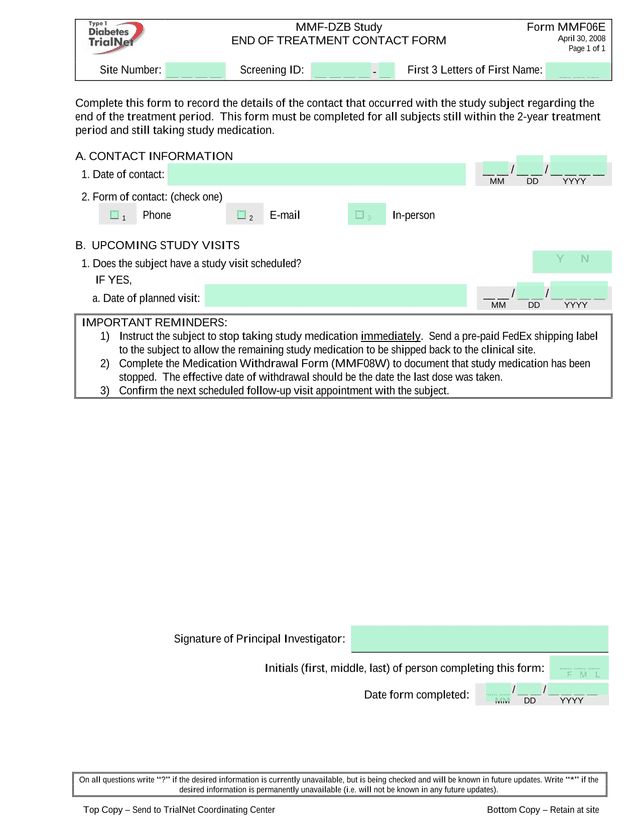 MMF DZB Study END OF TREATMENT CONTACT FORM screenshot