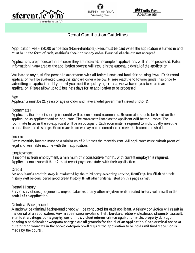 Rental Qualification Guidelines screenshot
