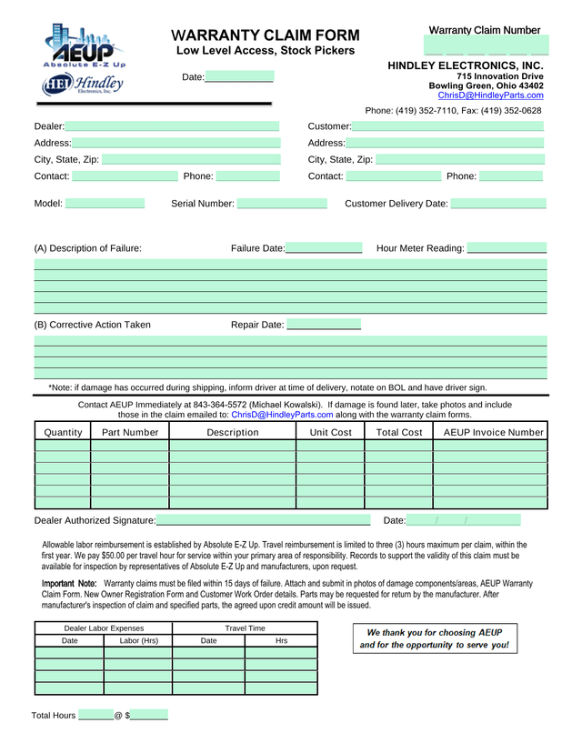 WARRANTY CLAIM FORM screenshot