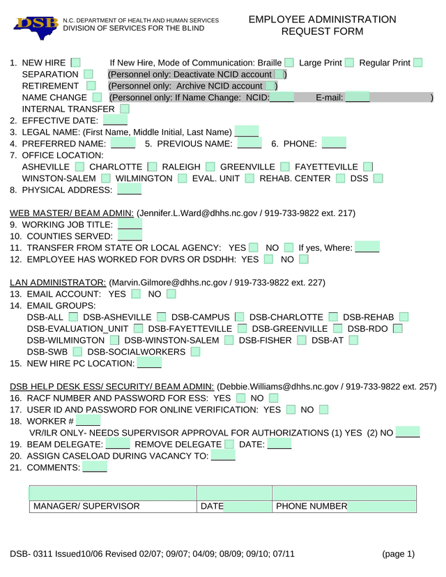 DSB 0311 Employee Administration Request Form screenshot