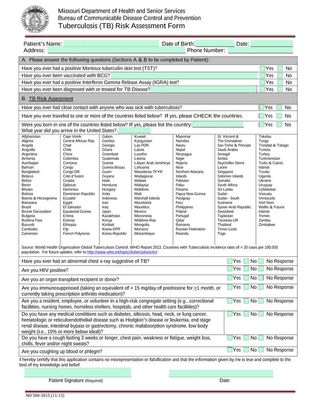 Tuberculosis (TB) Risk Assessment Form screenshot