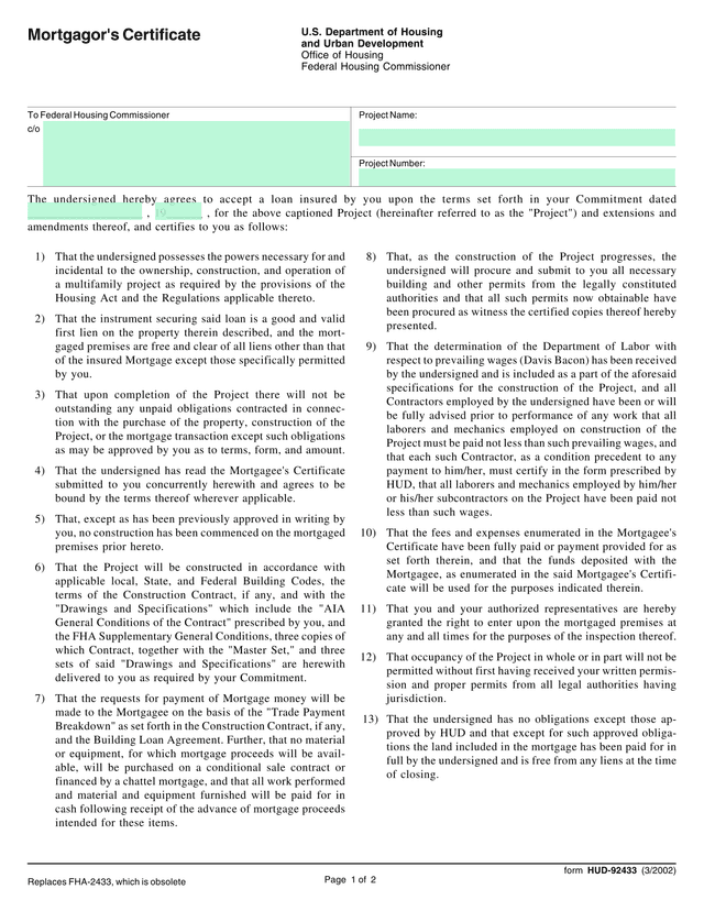 HUD 92433 MortgagorS Certificate screenshot