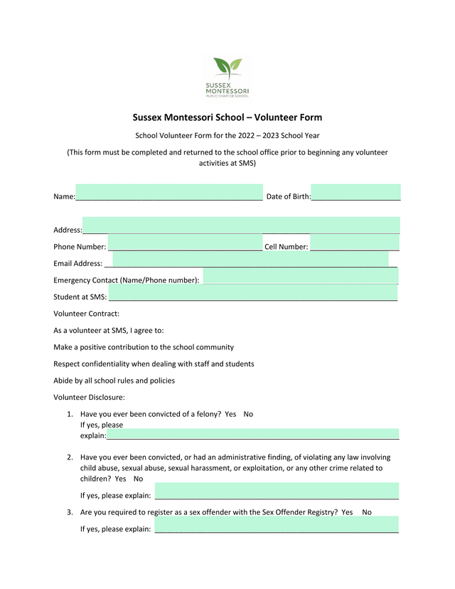 Sussex Montessori School  Volunteer Form screenshot
