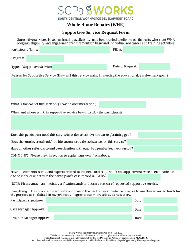 Whole Home Repairs (WHR) Supportive Service Request Form screenshot