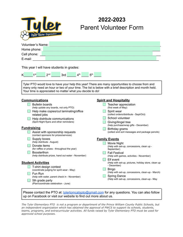 Parent Volunteer Form screenshot