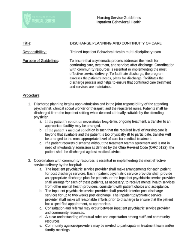 Nursing Service Guidelines Discharge Planning And Continuity Of Care screenshot