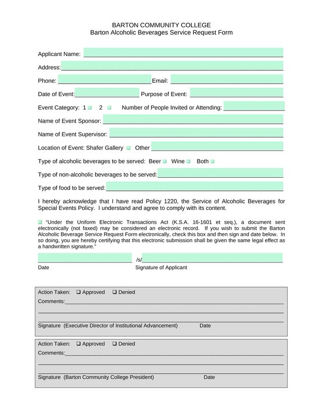 Barton Alcoholic Beverages Service Request Form screenshot