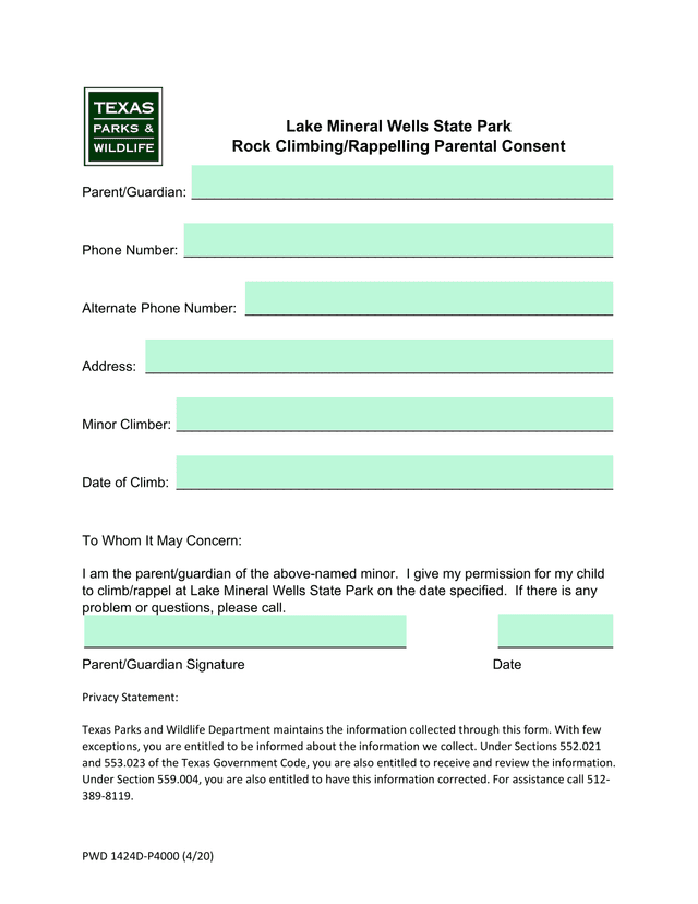 Lake Mineral Wells State Park Rock ClimbingRappelling Parental Consent screenshot