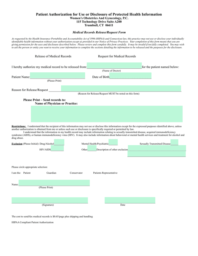 Patient Authorization For Use Or Disclosure Of Protected Health Information screenshot