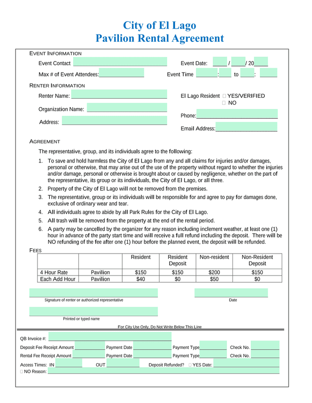 City Of El Lago Pavilion Rental Agreement screenshot