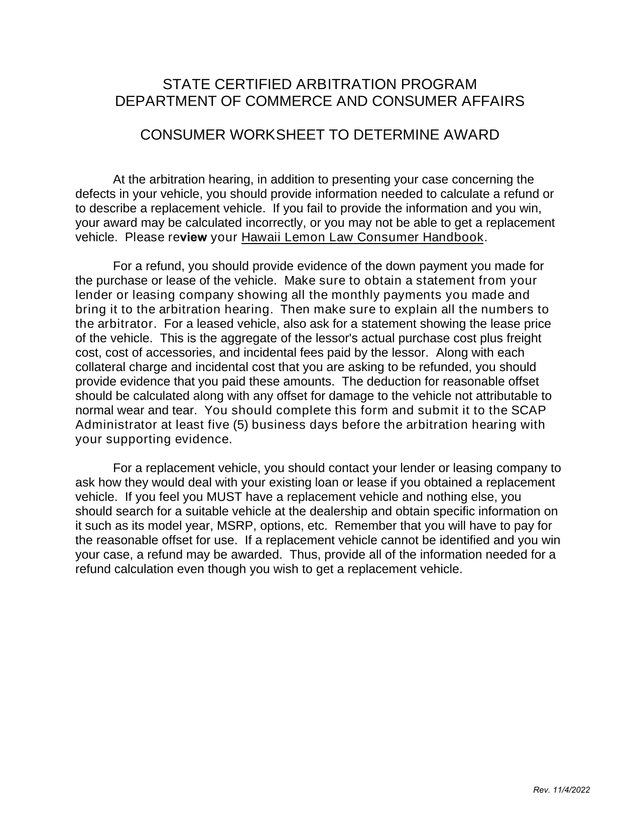 State Certified Arbitration Program Consumer Worksheet To Determine Award screenshot